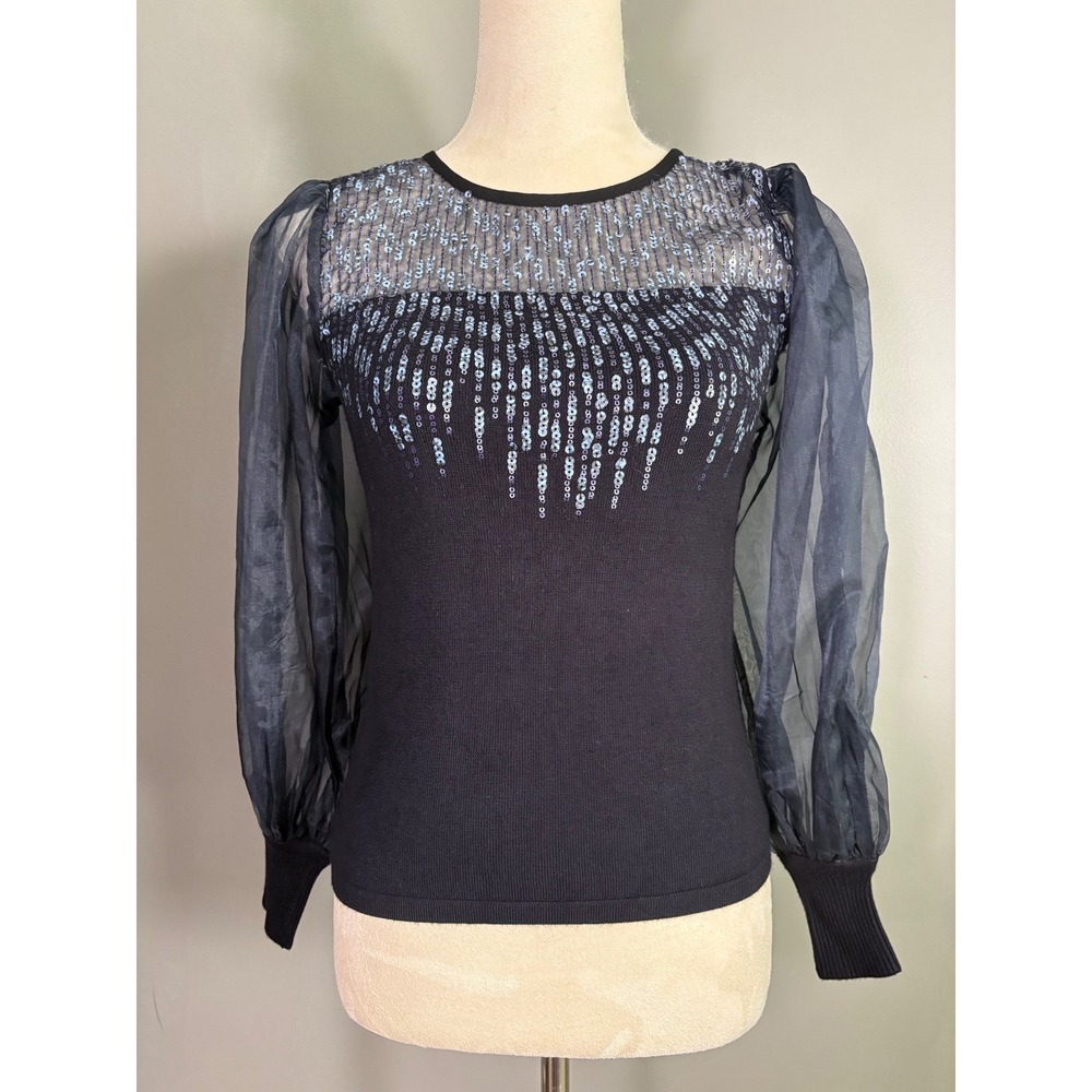 NWT Blank London Bectonesa Knit Top XS Sequin Sheer Puff Sleeve Formal Party - Picture 2 of 8